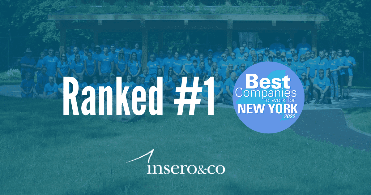 photo of large group of employees with text ranked #1 best companies to work for in New York 2022 with Insero logo