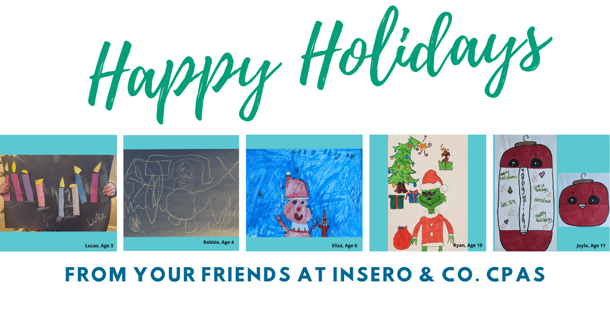 image says "Happy Holidays from your friends at Insero and features holiday artwork done by children ages 3-11