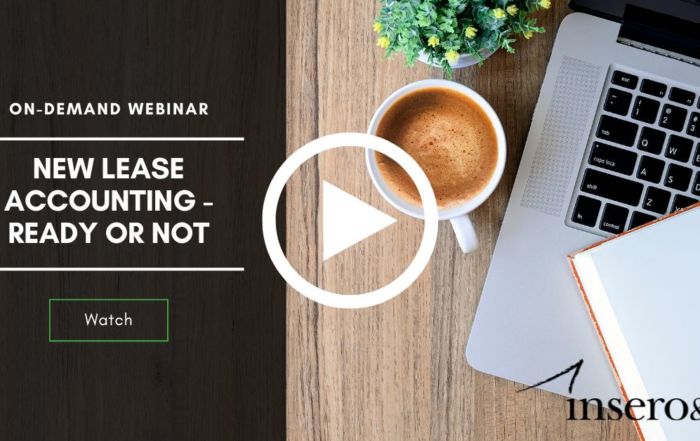 image of laptop and coffee with words on-demand webinar, new lease accounting - ready or not, watch now, insero & Co.