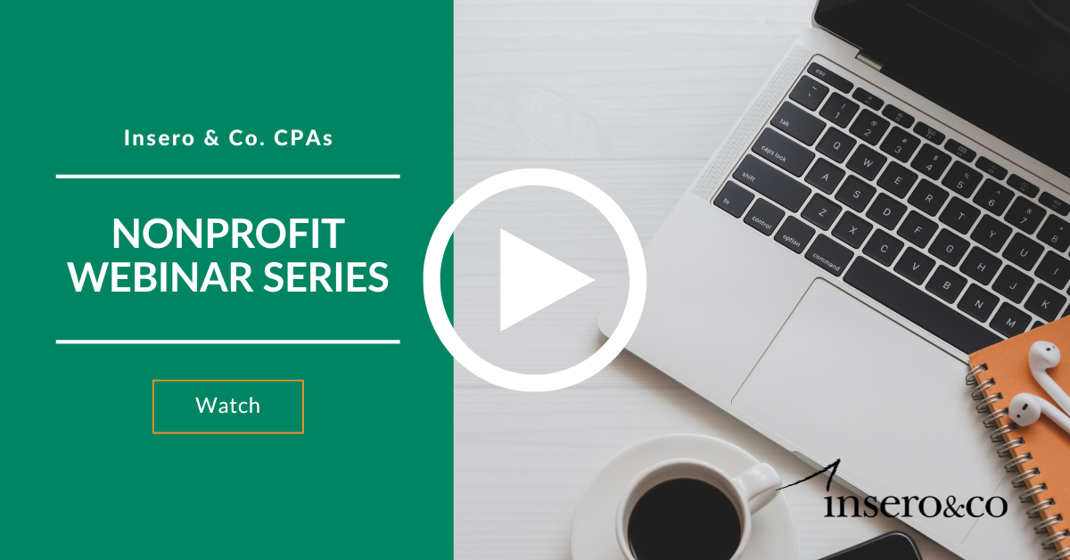 nonprofit webinar series, watch button, topics include automate nonprofit accounting, nonprofit reporting and dashboards, benefits of outsourcing your nonprofit accounting, and is it time to upgrade your nonprofit accounting software